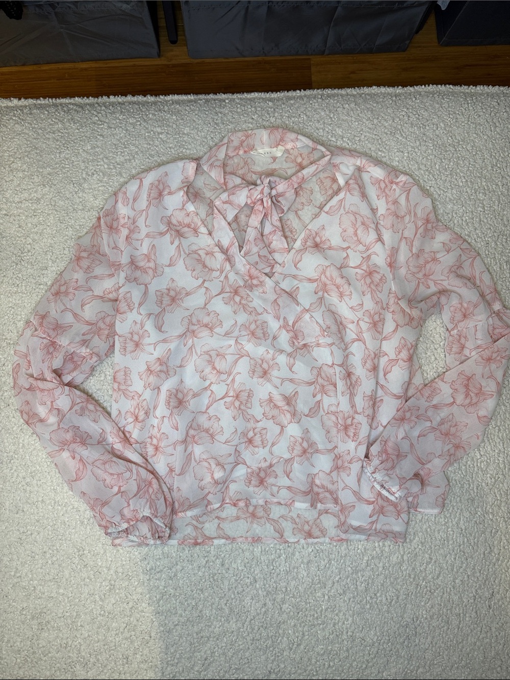 Lush White Sheer Blouse with Pink Floral Tie-Neck